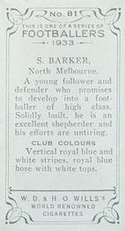 1933 Wills's Victorian Footballers (Small) #81 Syd Barker Back